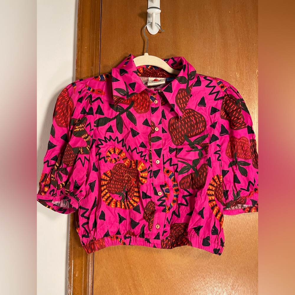 RARE🦄 FARM Rio x ANTHROPOLOGIE Pink💕Snakefruit🐍🍎Crop Top, S - Picture 15 of 16